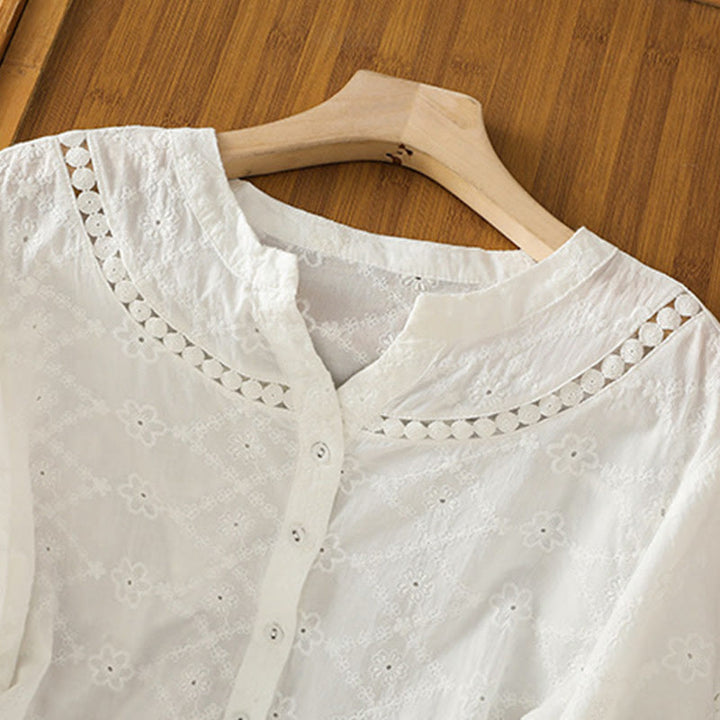 Camisa informal de lino y algodón con muescas huecas y manga corta para mujer con estampado de Buddha Stones - image 11