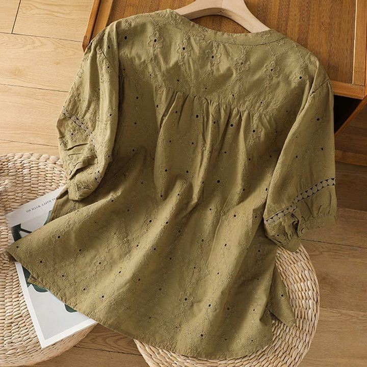 Camisa informal de lino y algodón con muescas huecas y manga corta para mujer con estampado de Buddha Stones - image 17
