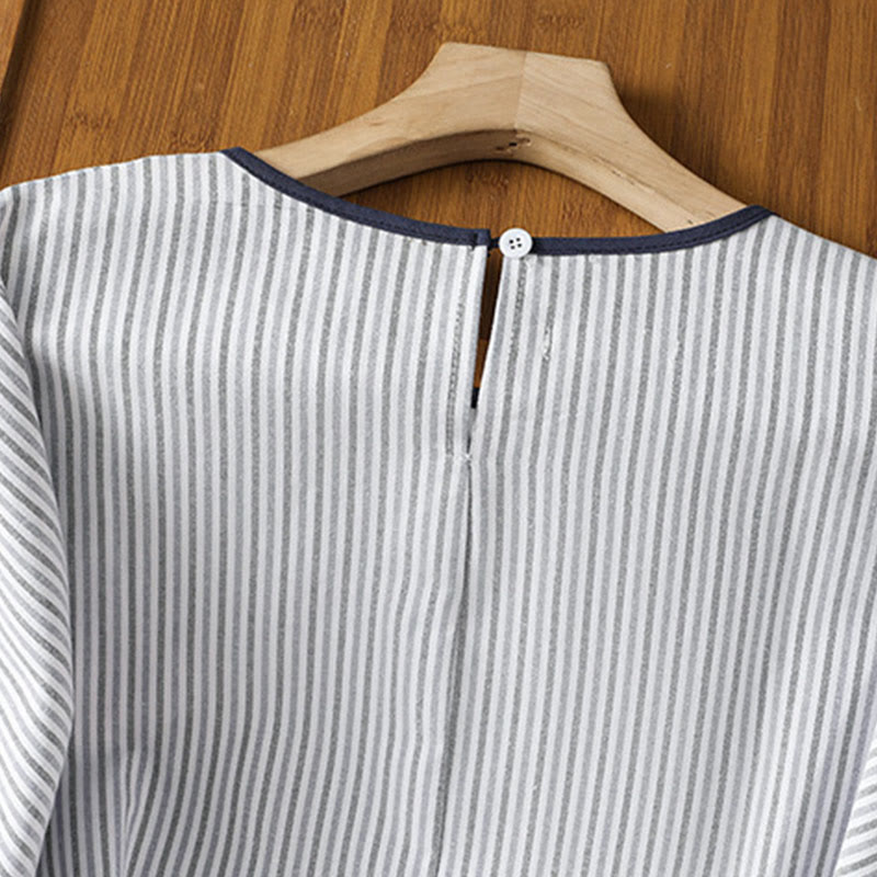 Camisa de algodón de manga corta para mujer con diseño de rayas y cuello redondo de Buddha Stones - image 4