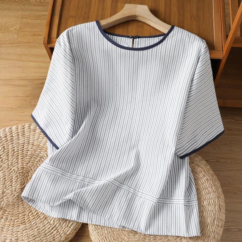 Camisa de algodón de manga corta para mujer con diseño de rayas y cuello redondo de Buddha Stones - Azul claro - US8-10，UK/AU12-14，EU40-42 (2XL) - image 1