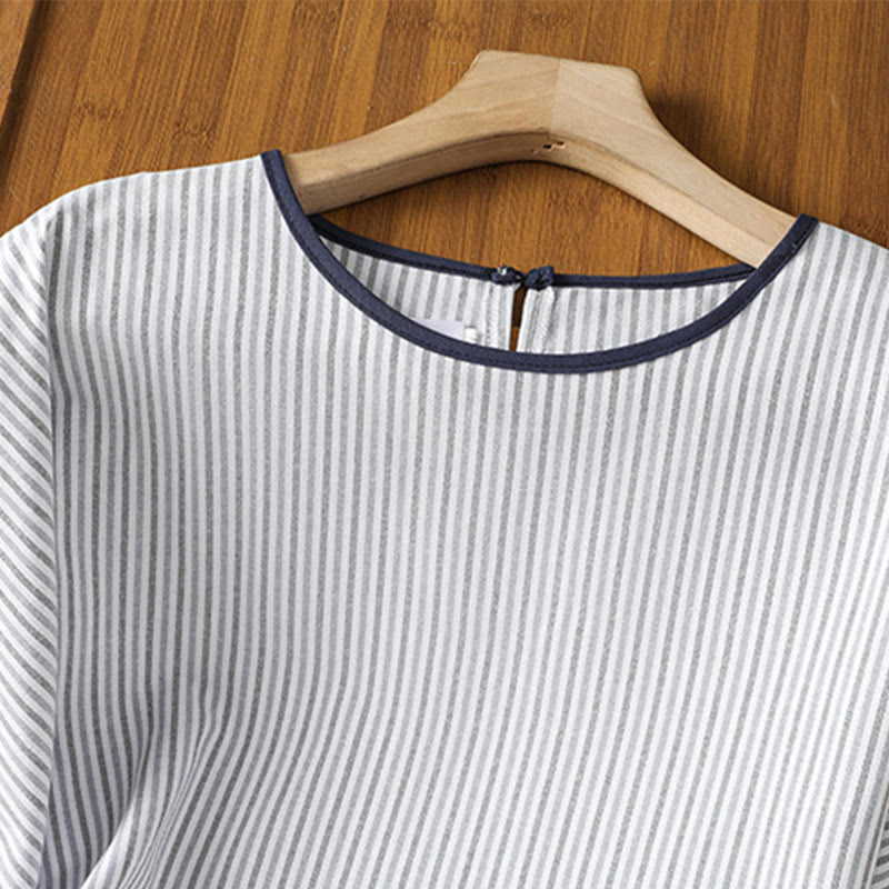 Camisa de algodón de manga corta para mujer con diseño de rayas y cuello redondo de Buddha Stones - image 3