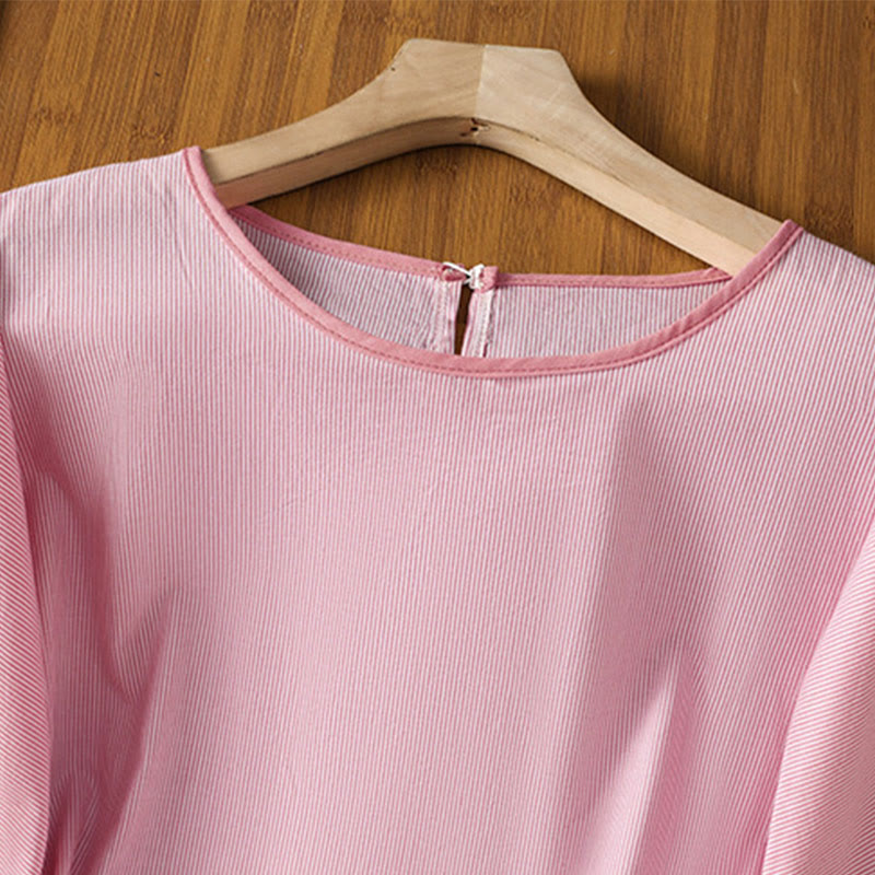Camisa de algodón de manga corta para mujer con diseño de rayas y cuello redondo de Buddha Stones - image 9