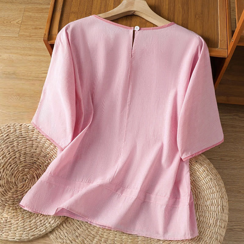 Camisa de algodón de manga corta para mujer con diseño de rayas y cuello redondo de Buddha Stones - image 8
