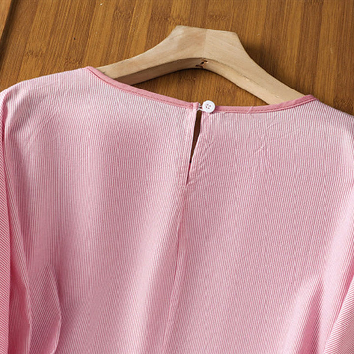 Camisa de algodón de manga corta para mujer con diseño de rayas y cuello redondo de Buddha Stones - image 10