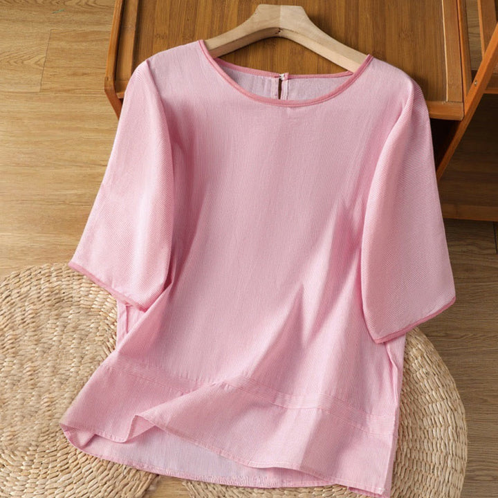 Camisa de algodón de manga corta para mujer con diseño de rayas y cuello redondo de Buddha Stones - rosa claro - US8-10，UK/AU12-14，EU40-42 (2XL) - image 6