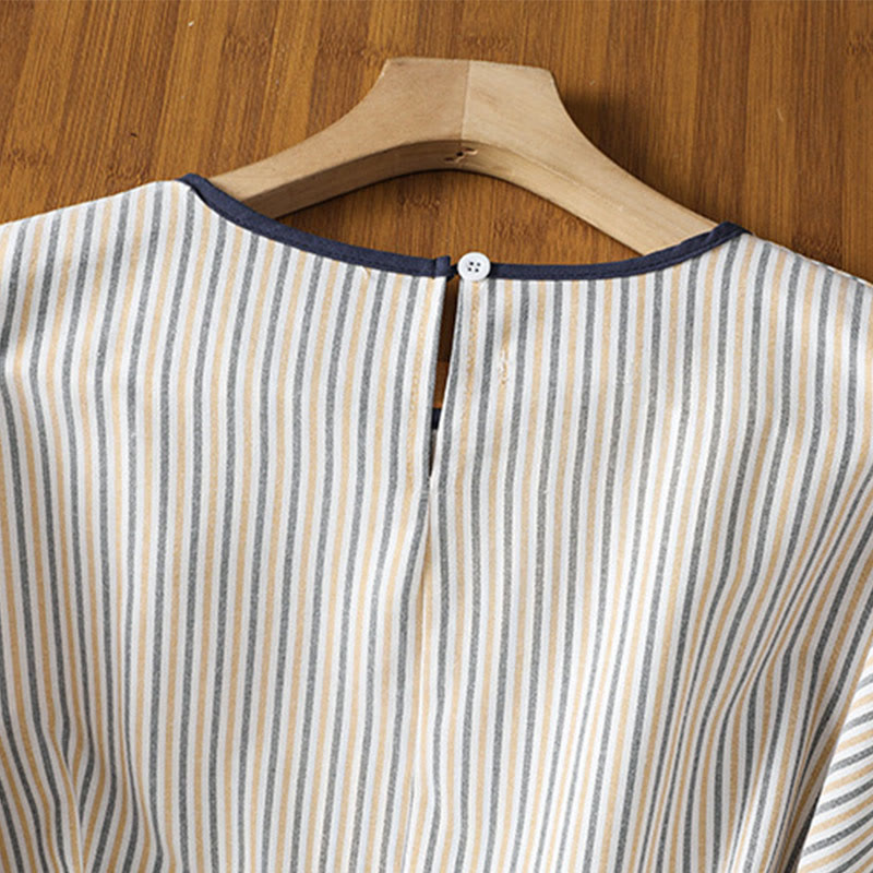 Camisa de algodón de manga corta para mujer con diseño de rayas y cuello redondo de Buddha Stones - image 17