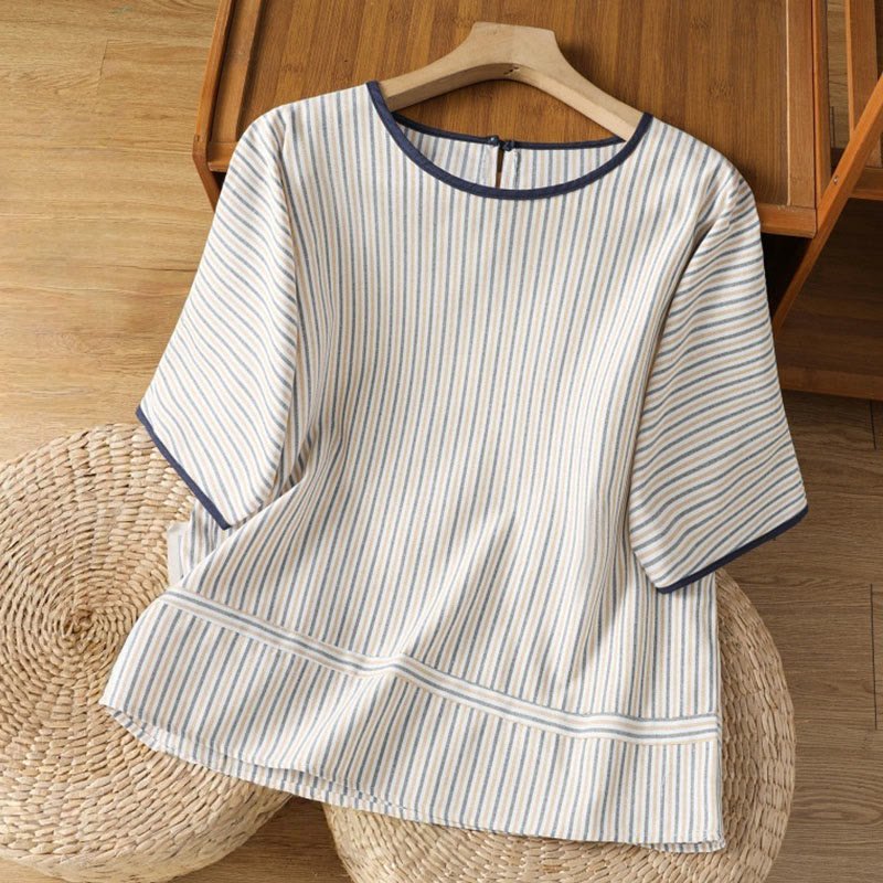Camisa de algodón de manga corta para mujer con diseño de rayas y cuello redondo de Buddha Stones - Blanco - US8-10，UK/AU12-14，EU40-42 (2XL) - image 14