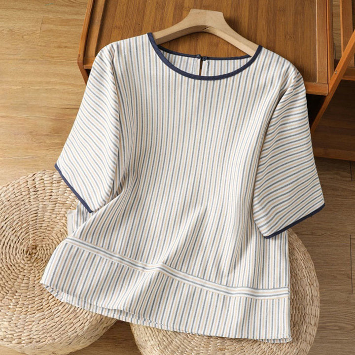 Camisa de algodón de manga corta para mujer con diseño de rayas y cuello redondo de Buddha Stones - Blanco - US8-10，UK/AU12-14，EU40-42 (2XL) - image 14