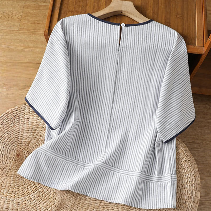 Camisa de algodón de manga corta para mujer con diseño de rayas y cuello redondo de Buddha Stones - image 2