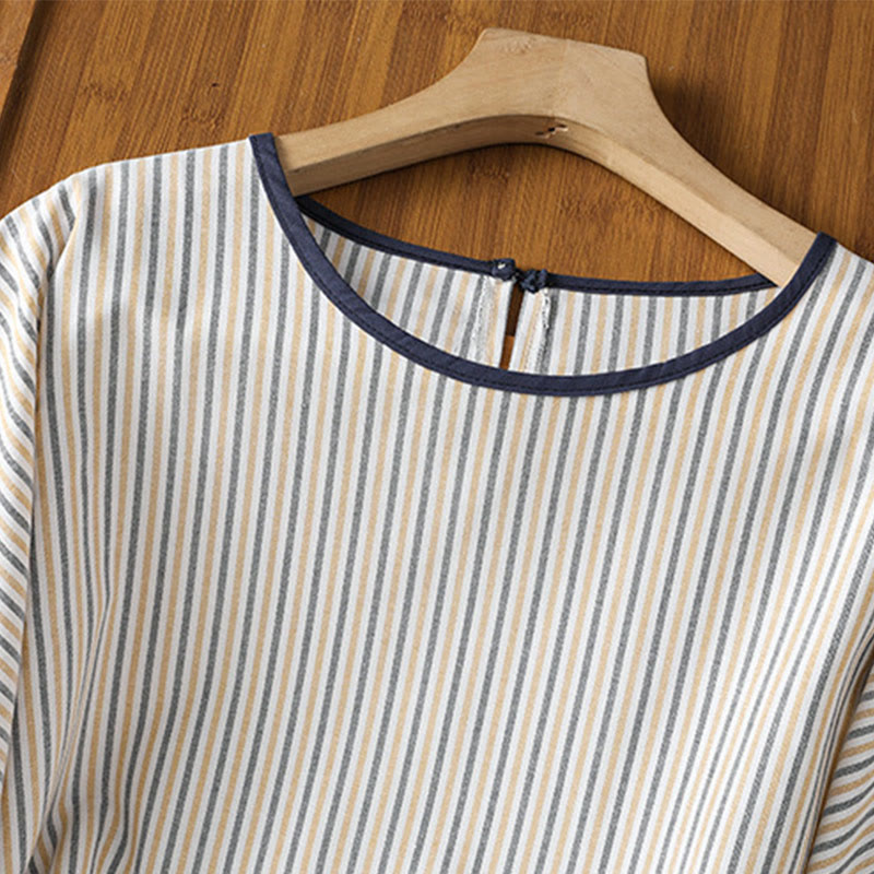 Camisa de algodón de manga corta para mujer con diseño de rayas y cuello redondo de Buddha Stones - image 16