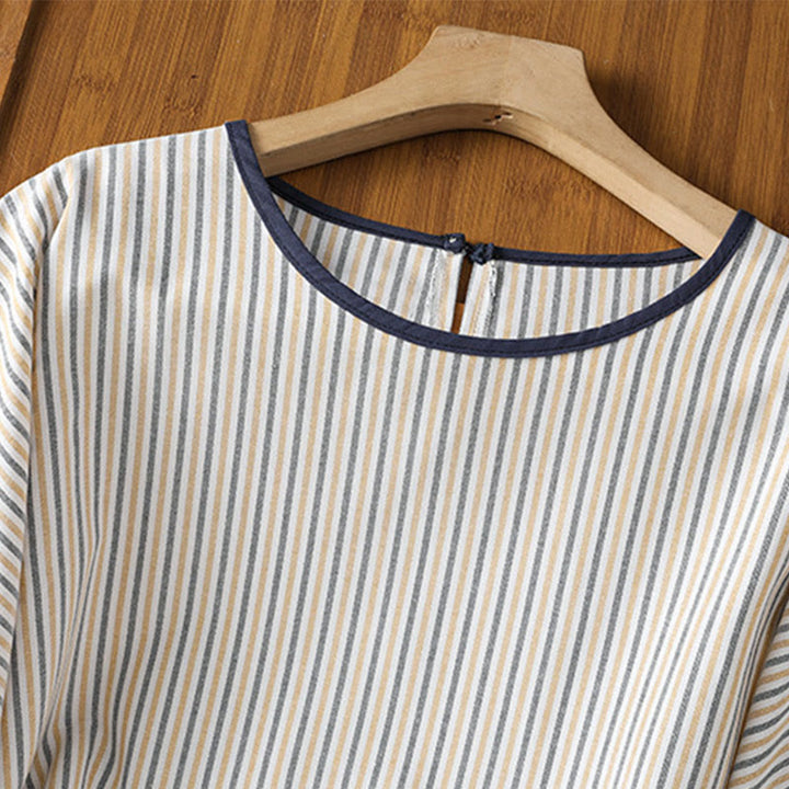 Camisa de algodón de manga corta para mujer con diseño de rayas y cuello redondo de Buddha Stones - image 16