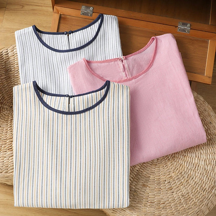Camisa de algodón de manga corta para mujer con diseño de rayas y cuello redondo de Buddha Stones - image 20