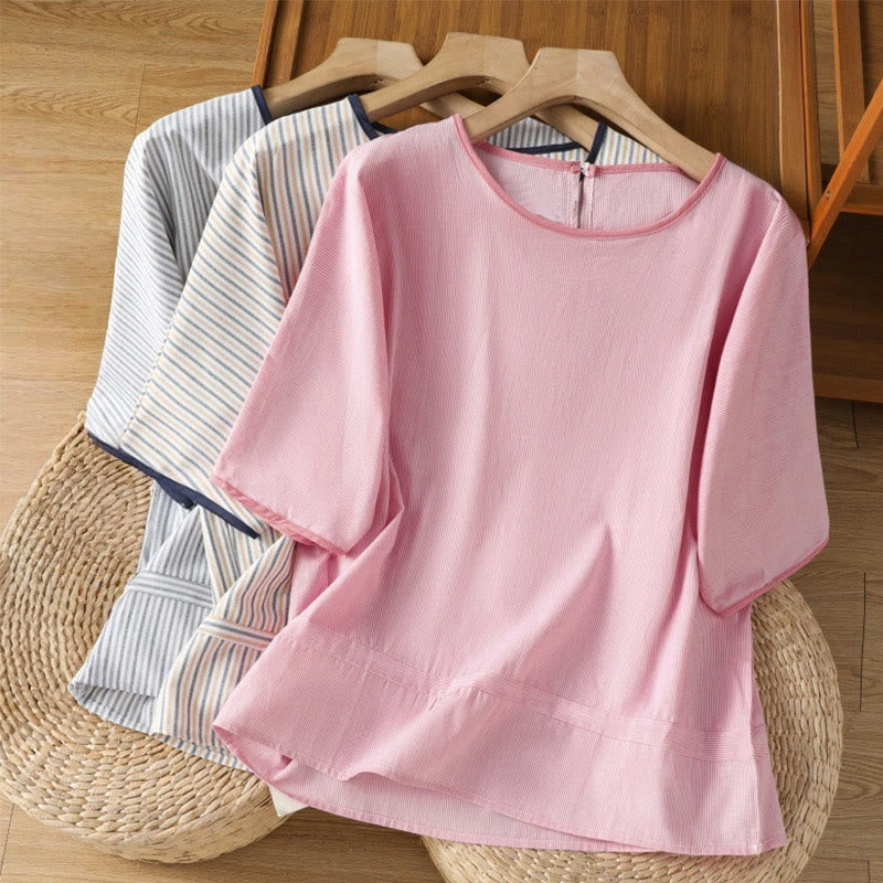 Camisa de algodón de manga corta para mujer con diseño de rayas y cuello redondo de Buddha Stones - image 21