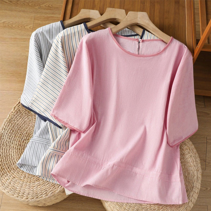 Camisa de algodón de manga corta para mujer con diseño de rayas y cuello redondo de Buddha Stones - image 21