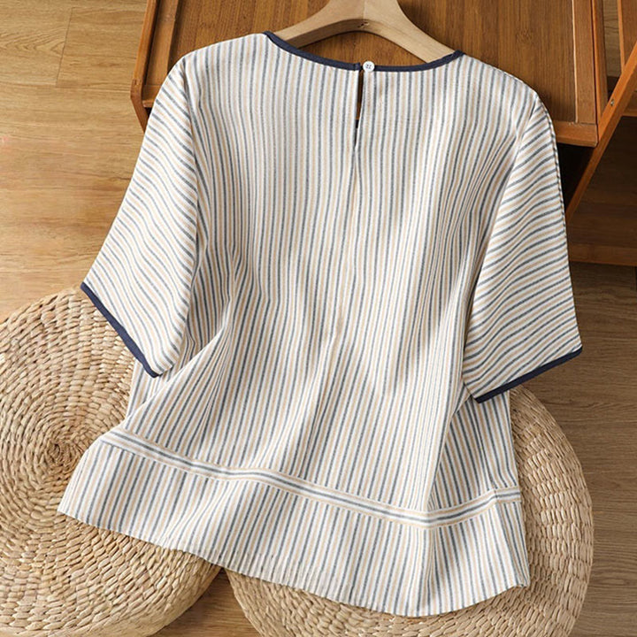 Camisa de algodón de manga corta para mujer con diseño de rayas y cuello redondo de Buddha Stones - image 15