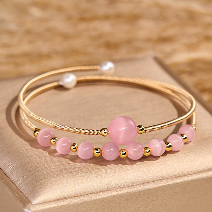 Brazalete de metal con Buddha Stones, relleno de oro de 14 quilates, cobre, ojo de gato rosa - Ojo de gato (circunferencia de muñeca 14-16 cm) - image 1