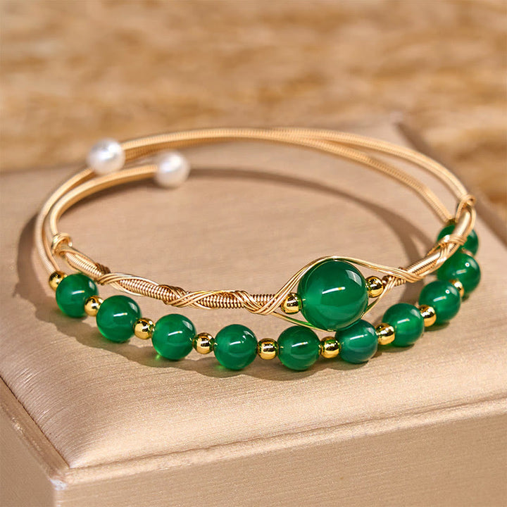 Brazalete de metal con Buddha Stones , cobre chapado en oro de 14 quilates, ágata verde natural - Ágata verde (circunferencia de la muñeca 14-16 cm) - image 1
