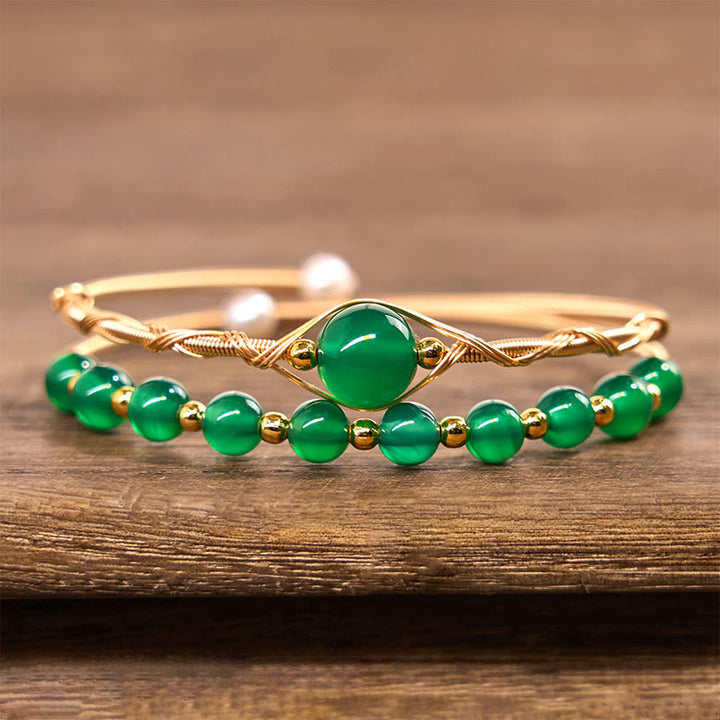 Brazalete de metal con Buddha Stones , cobre chapado en oro de 14 quilates, ágata verde natural - image 2