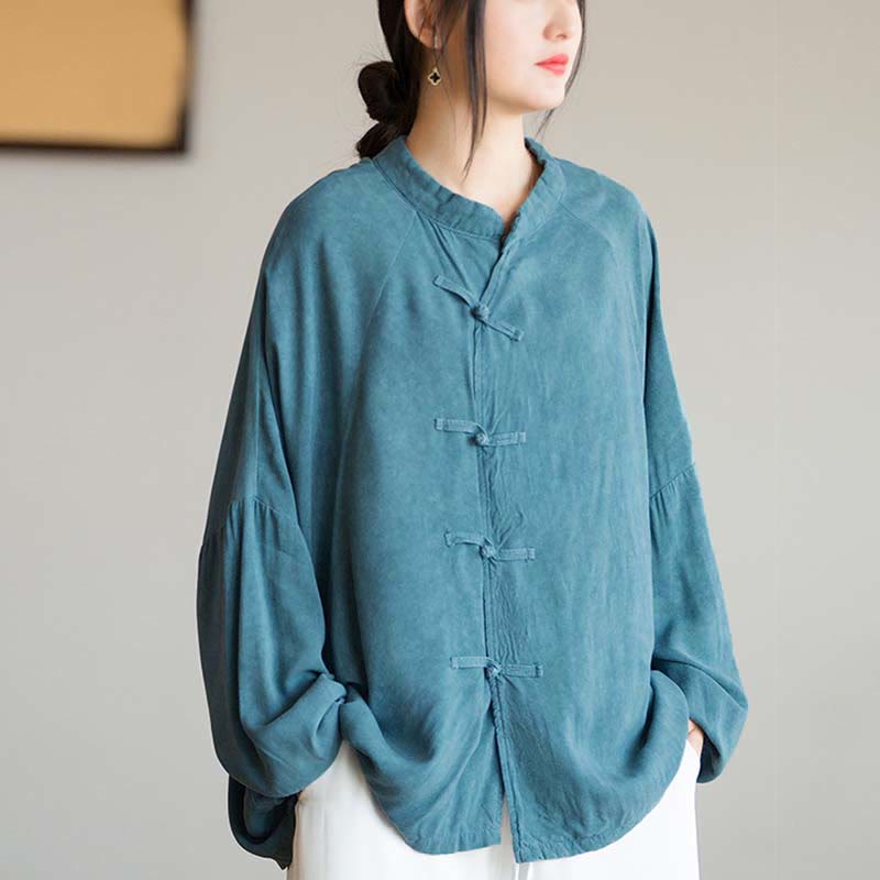 Camisa de manga larga con botones de rana y Buddha Stones, Top de meditación Zen Tai Chi, chaqueta de ropa Hanfu - Cian (busto 162 cm) (solo parte superior) - image 0