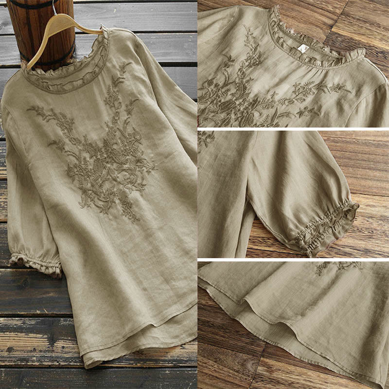Camiseta de cuello redondo con diseño de flores bordadas para mujer con Buddha Stones - image 1