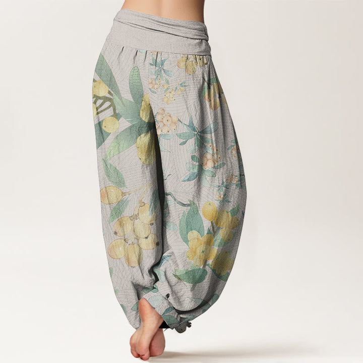 Pantalones Buddha Stones de algodón puro con estampado de níspero para mujer, cintura elástica