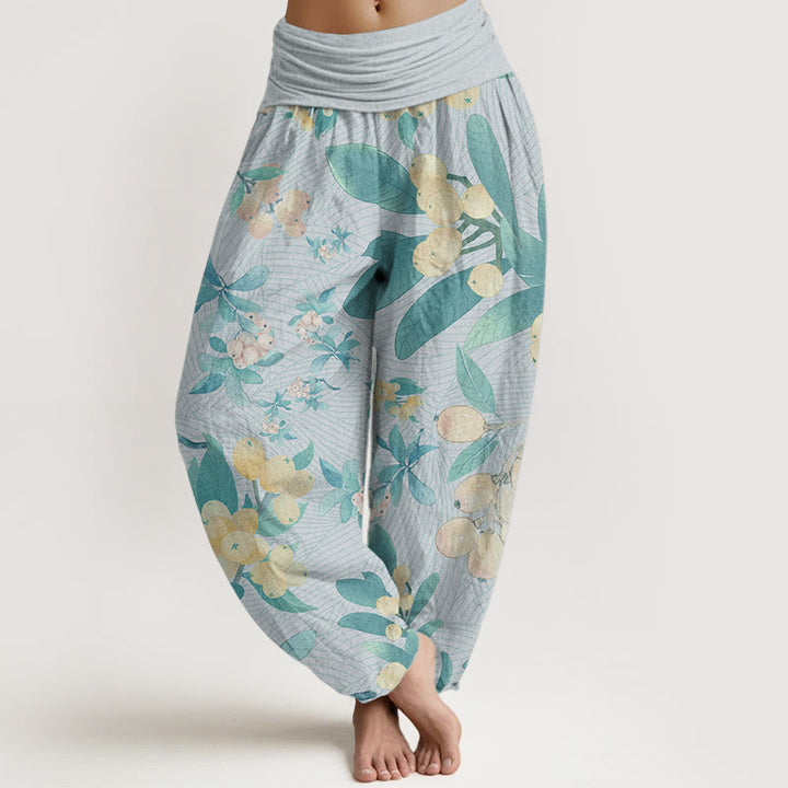 Pantalones Buddha Stones de algodón puro con estampado de níspero para mujer, cintura elástica