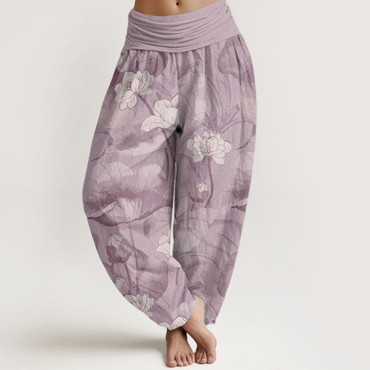 Pantalones Buddha Stones de algodón puro con diseño de loto y cintura elástica para mujer