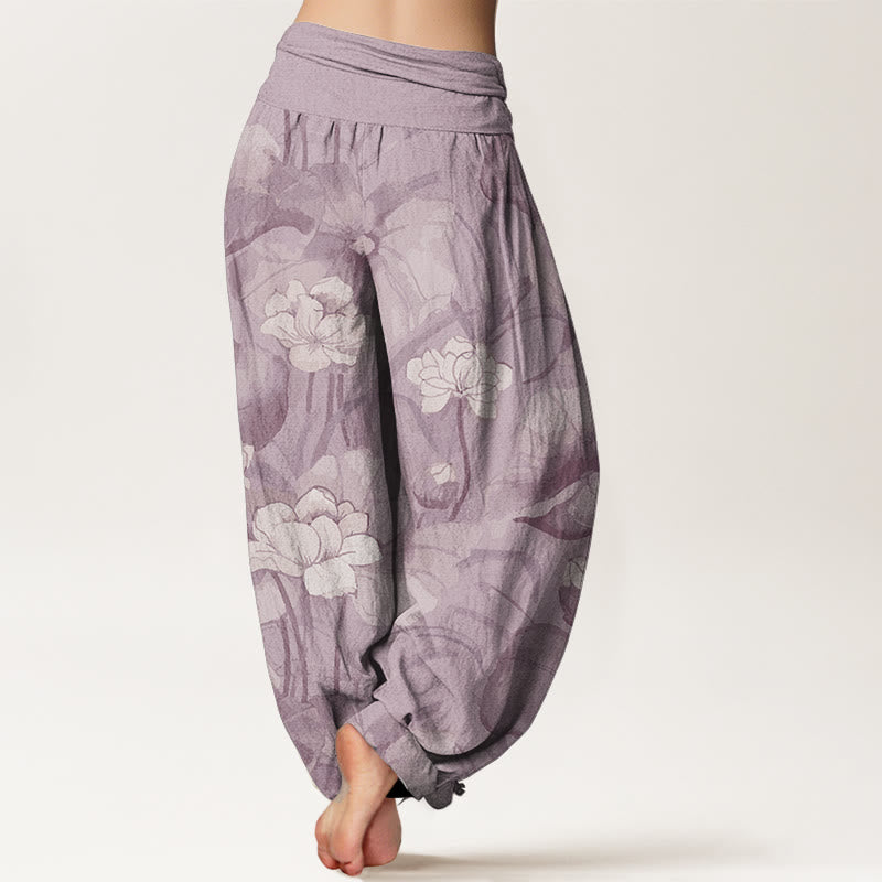 Pantalones Buddha Stones de algodón puro con diseño de loto y cintura elástica para mujer