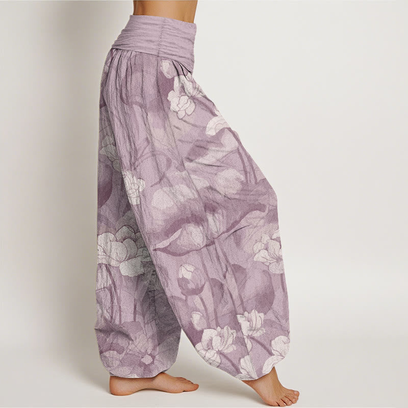 Pantalones Buddha Stones de algodón puro con diseño de loto y cintura elástica para mujer