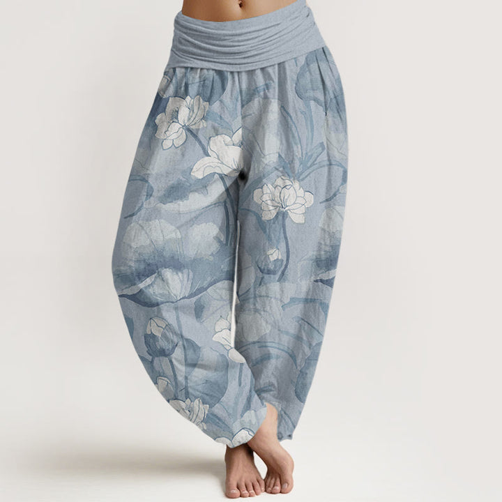 Pantalones Buddha Stones de algodón puro con diseño de loto y cintura elástica para mujer