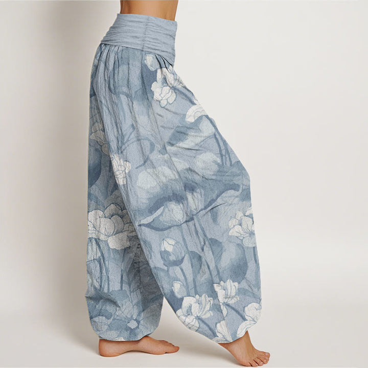 Pantalones Buddha Stones de algodón puro con diseño de loto y cintura elástica para mujer