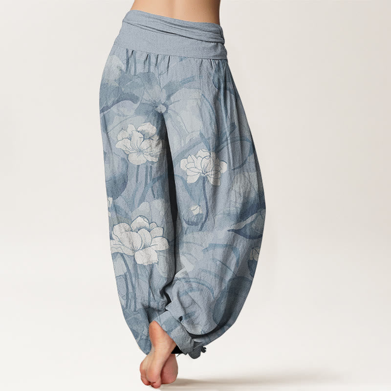 Pantalones Buddha Stones de algodón puro con diseño de loto y cintura elástica para mujer