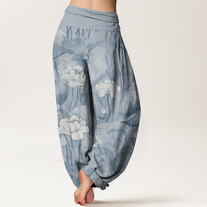 Pantalones Buddha Stones de algodón puro con diseño de loto y cintura elástica para mujer