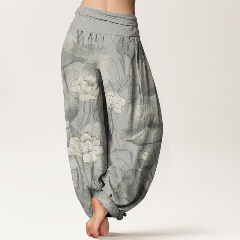 Pantalones Buddha Stones de algodón puro con diseño de loto y cintura elástica para mujer