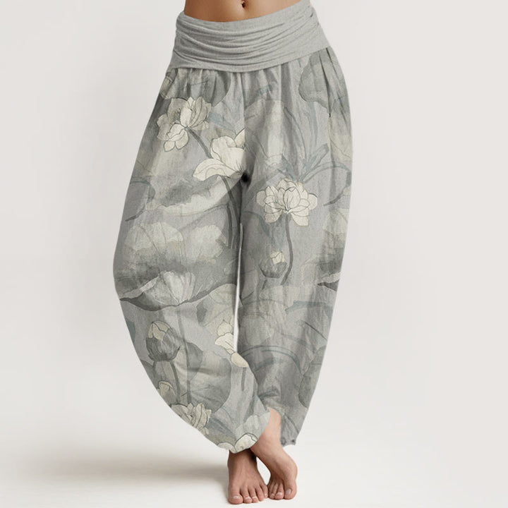Pantalones Buddha Stones de algodón puro con diseño de loto y cintura elástica para mujer