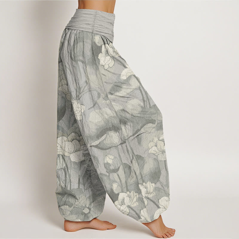 Pantalones Buddha Stones de algodón puro con diseño de loto y cintura elástica para mujer