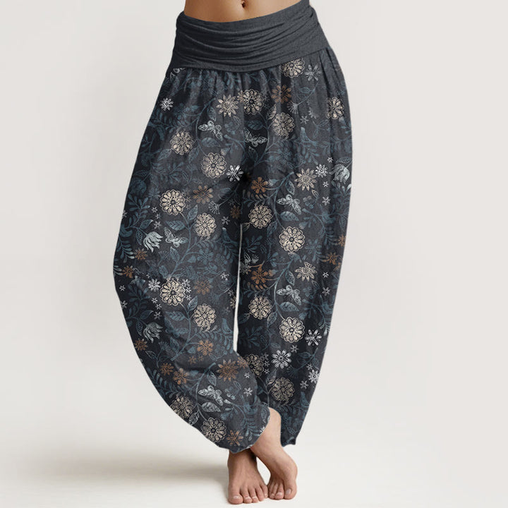 Pantalones Buddha Stones de algodón puro con diseño informal de Nueva York, con diseño de flores y hojas de aster, para mujer, con cintura elástica