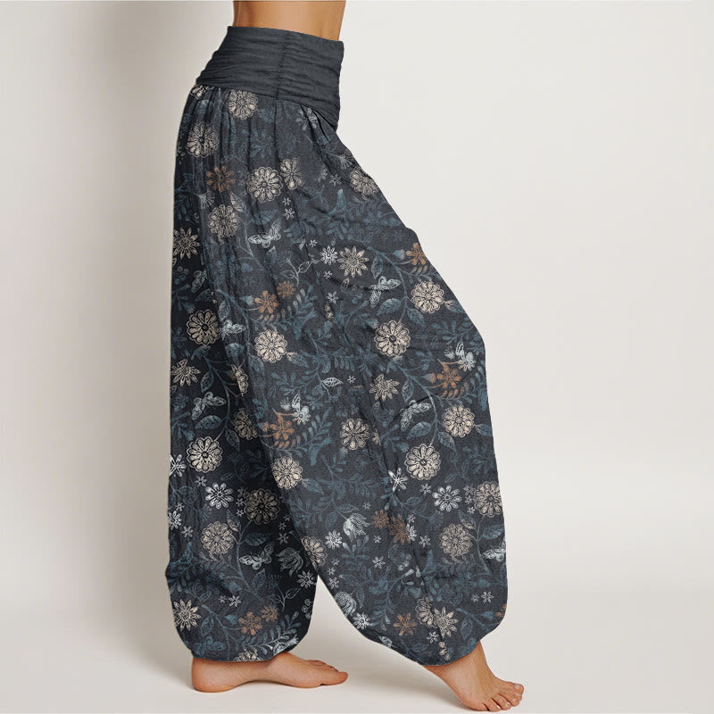 Pantalones Buddha Stones de algodón puro con diseño informal de Nueva York, con diseño de flores y hojas de aster, para mujer, con cintura elástica