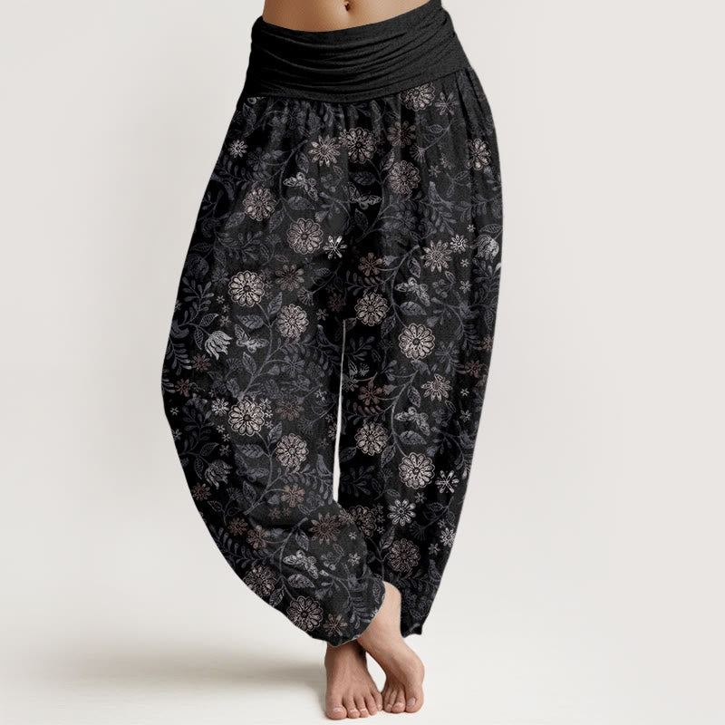 Pantalones Buddha Stones de algodón puro con diseño informal de Nueva York, con diseño de flores y hojas de aster, para mujer, con cintura elástica