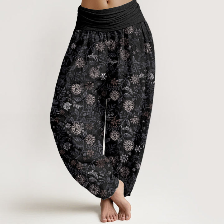 Pantalones Buddha Stones de algodón puro con diseño informal de Nueva York, con diseño de flores y hojas de aster, para mujer, con cintura elástica