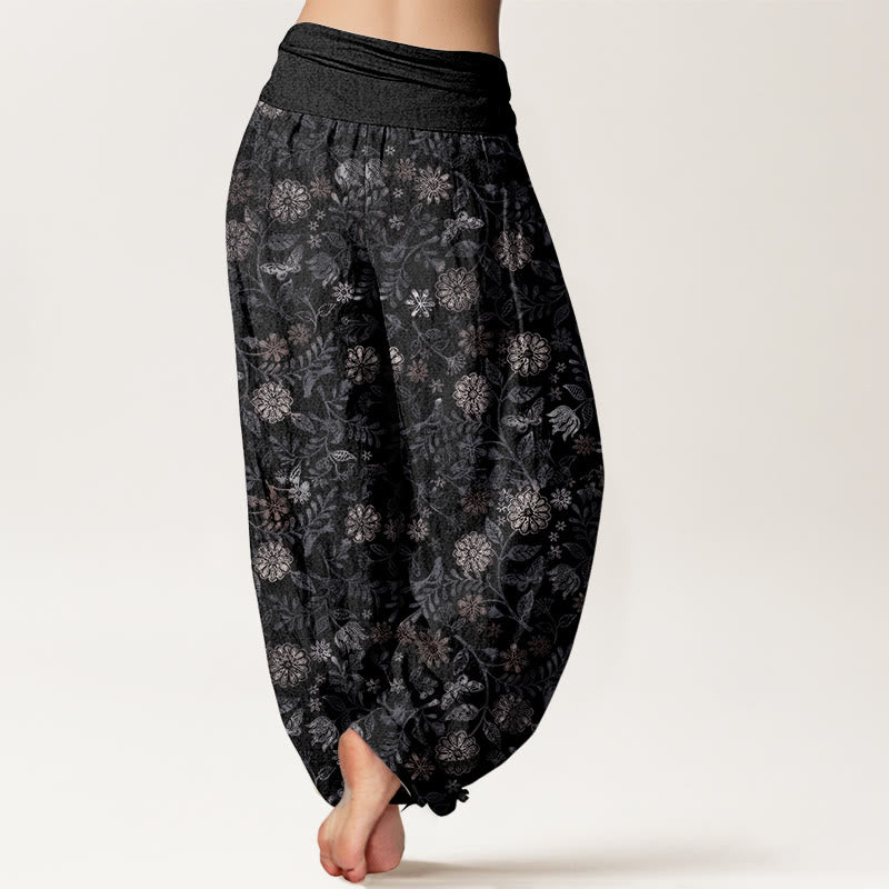 Pantalones Buddha Stones de algodón puro con diseño informal de Nueva York, con diseño de flores y hojas de aster, para mujer, con cintura elástica