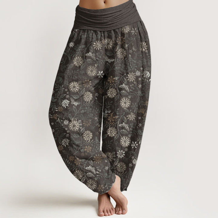 Pantalones Buddha Stones de algodón puro con diseño informal de Nueva York, con diseño de flores y hojas de aster, para mujer, con cintura elástica