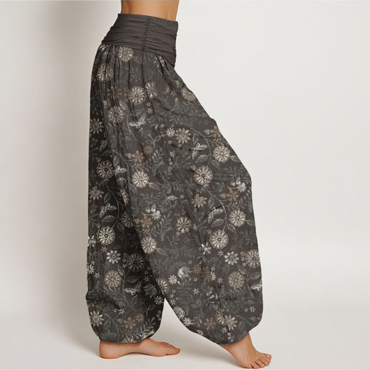 Pantalones Buddha Stones de algodón puro con diseño informal de Nueva York, con diseño de flores y hojas de aster, para mujer, con cintura elástica