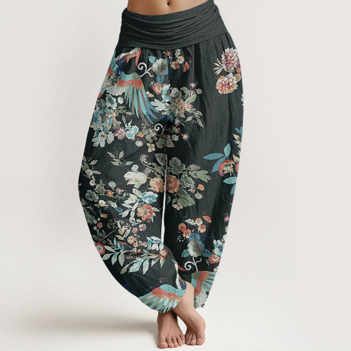 Pantalones Buddha Stones de algodón puro con estampado de flores coloridas, pájaros y hojas para mujer, con cintura elástica