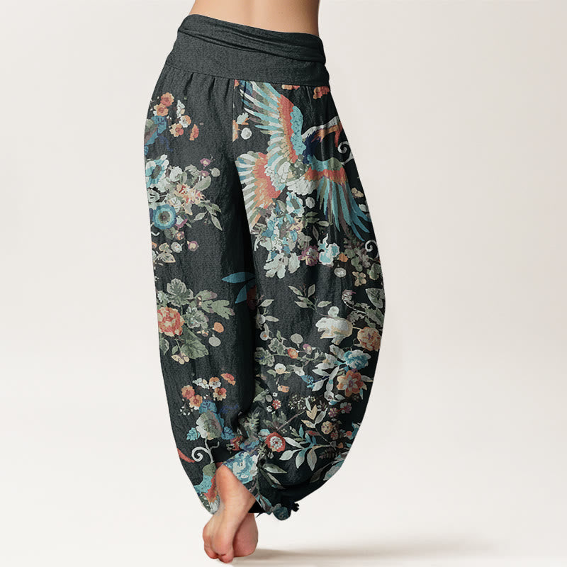 Pantalones Buddha Stones de algodón puro con estampado de flores coloridas, pájaros y hojas para mujer, con cintura elástica