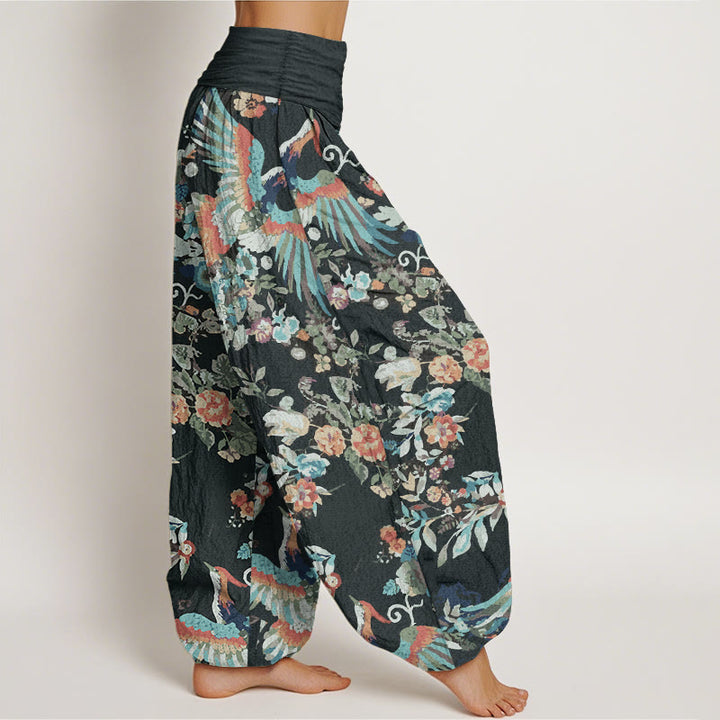 Pantalones Buddha Stones de algodón puro con estampado de flores coloridas, pájaros y hojas para mujer, con cintura elástica