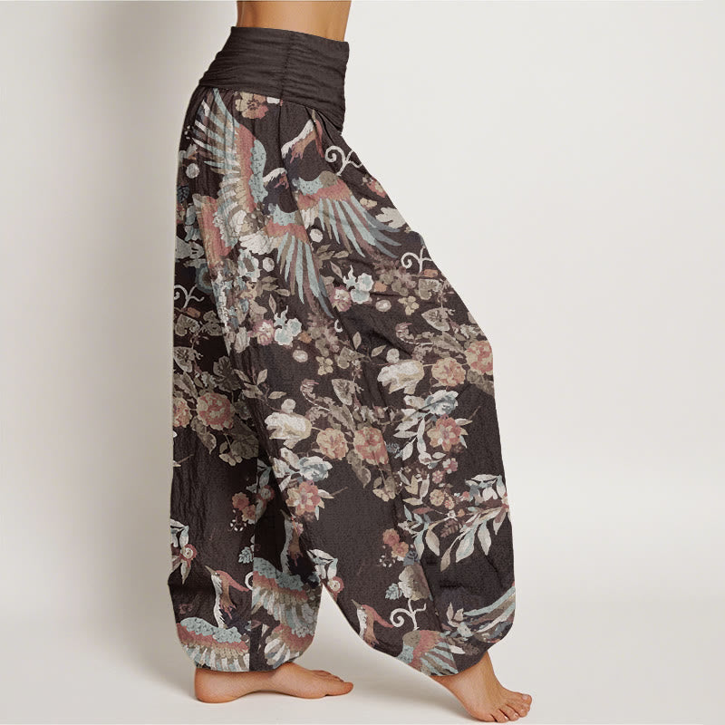 Pantalones Buddha Stones de algodón puro con estampado de flores coloridas, pájaros y hojas para mujer, con cintura elástica