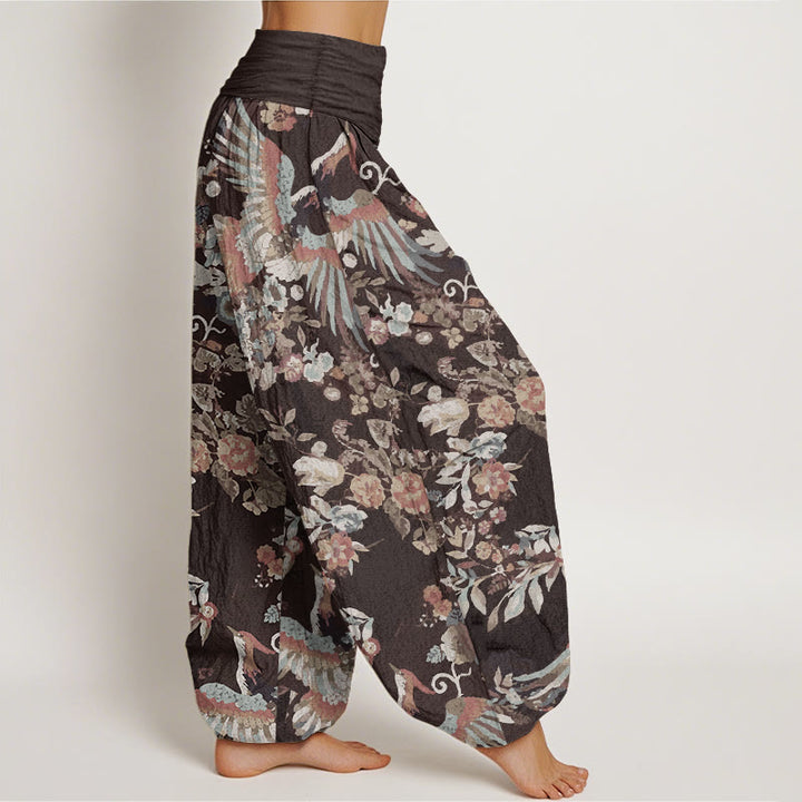 Pantalones Buddha Stones de algodón puro con estampado de flores coloridas, pájaros y hojas para mujer, con cintura elástica