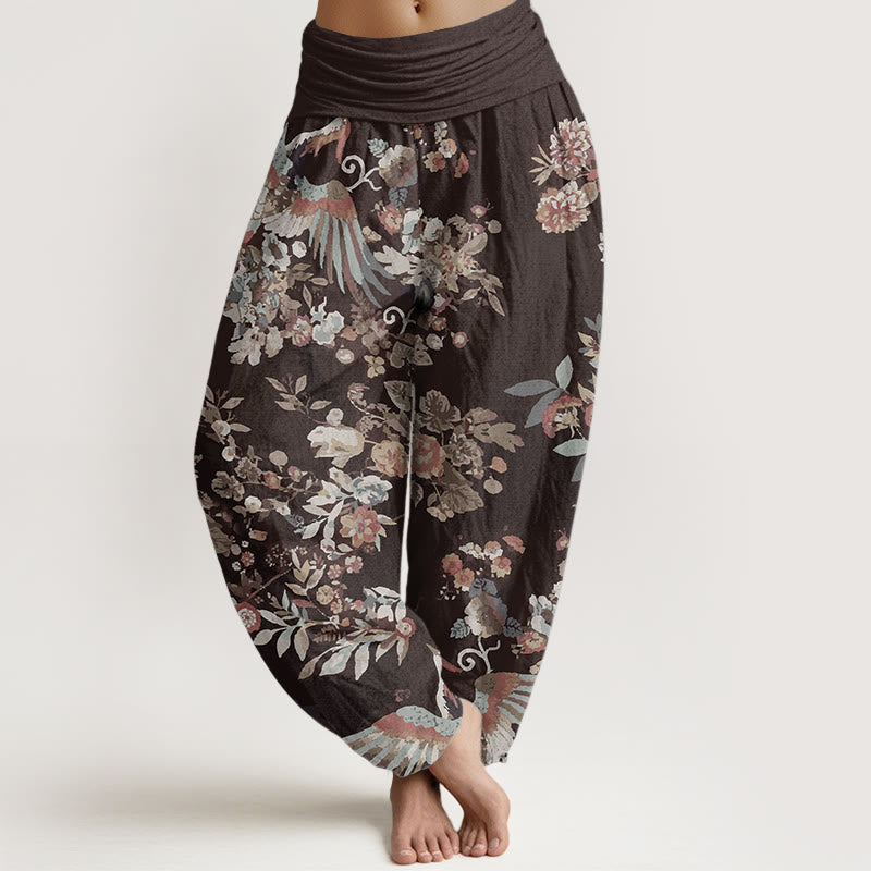Pantalones Buddha Stones de algodón puro con estampado de flores coloridas, pájaros y hojas para mujer, con cintura elástica