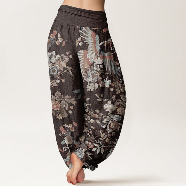 Pantalones Buddha Stones de algodón puro con estampado de flores coloridas, pájaros y hojas para mujer, con cintura elástica
